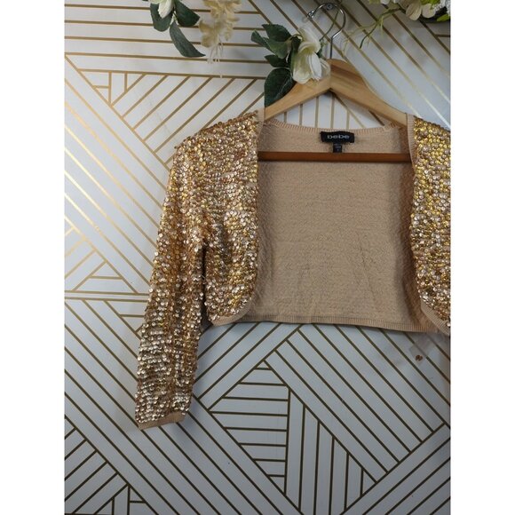 BEBE Women's Y2k 2000s Sequin Knit Cropped Cardiagn Gold Long  Sleeve Size Small - Picture 2 of 8